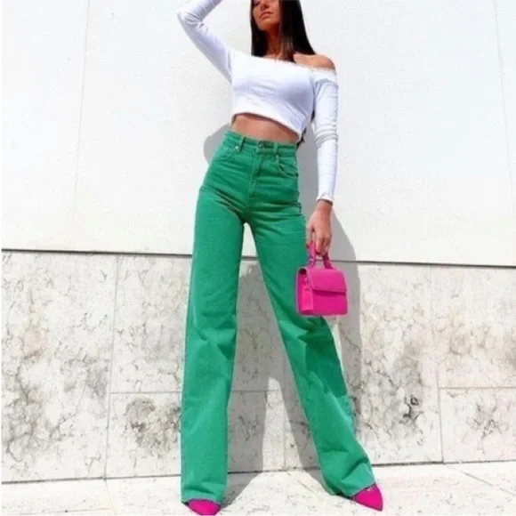 Zara Bloggers Favourite Brat Balletcore High Waisted Wide Leg Jeans Green Size 4 - Picture 2 of 16